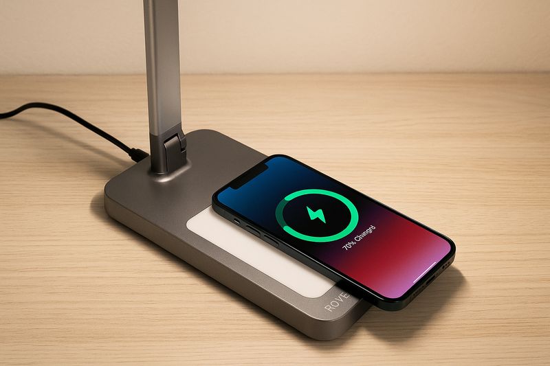 alt text: A smartphone charging wirelessly on the base of a Roye lamp, with the screen lit up to show it's charging.