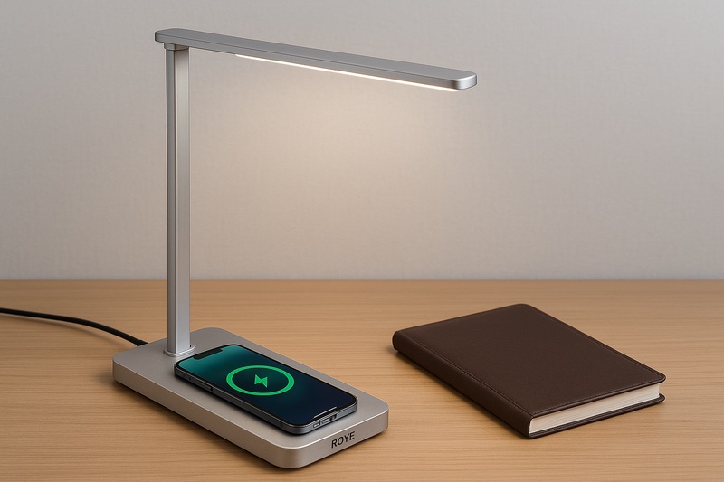 A sleek, minimalist desk setup featuring a brushed aluminum Roye wireless charging LED lamp. A modern smartphone is charging on its base, and the lamp casts a perfect light on a leather-bound notebook