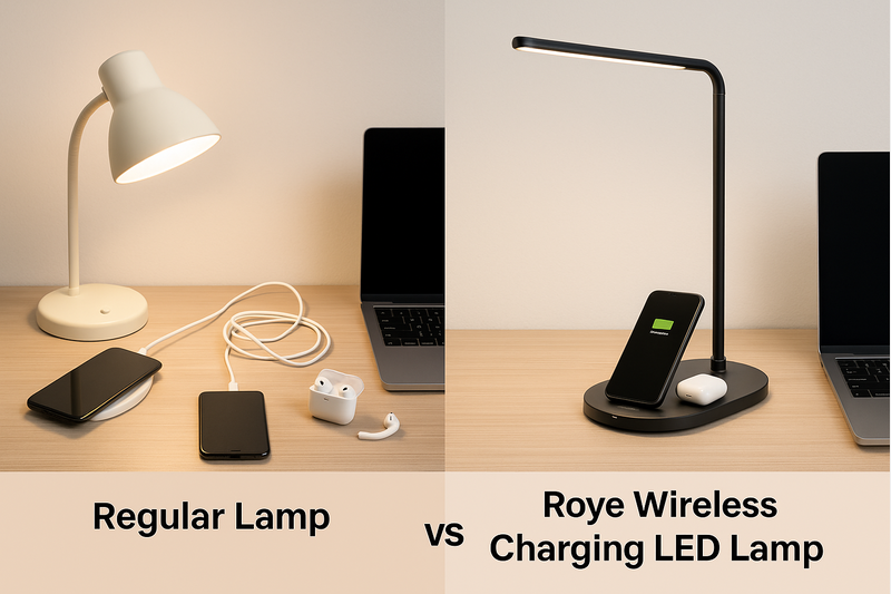 alt text: A side-by-side comparison showing a cluttered desk with a regular lamp and charging cables, next to a clean, modern desk with a single Roye wireless charging LED lamp.