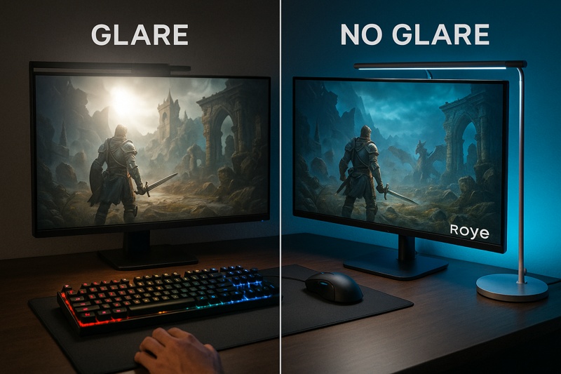 alt text: A split-screen view. The left side shows a gamer's screen with a bright, distracting glare. The right side shows the same screen, perfectly clear and visible, with a Roye lamp providing indirect light.