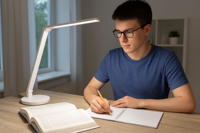 A cozy image of a person reading a physical book in a comfortable armchair in the evening. A desk lamp next to them casts a soft, warm, yellowish glow, creating a serene and inviting atmosphere.