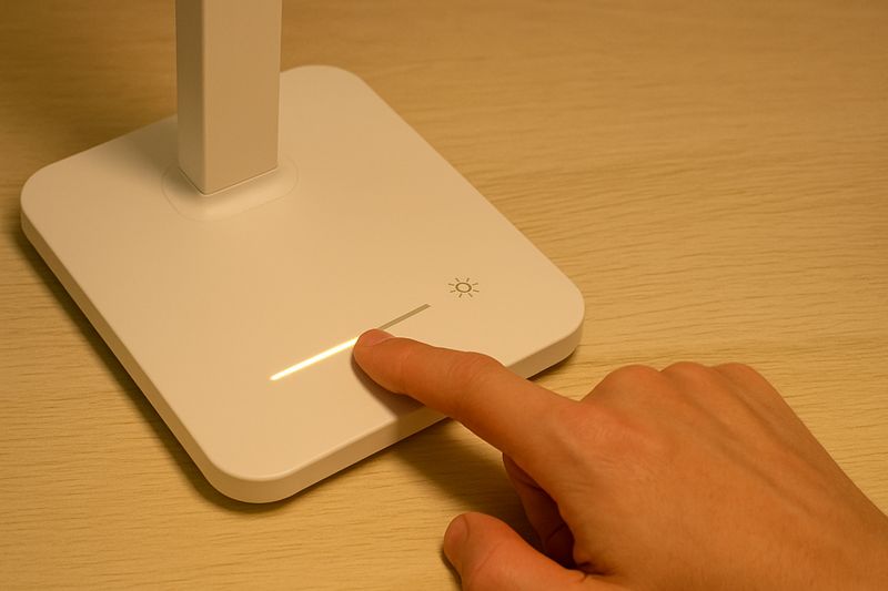 alt text: A hand adjusting the brightness of an LED desk lamp using a smooth touch-sensitive slider on the lamp's base.