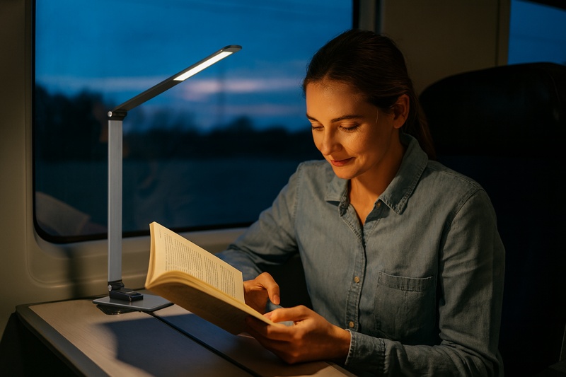 A traveler is comfortably reading a book on a train at dusk, with a sleek, portable Roye clip-on LED light illuminating the page perfectly.