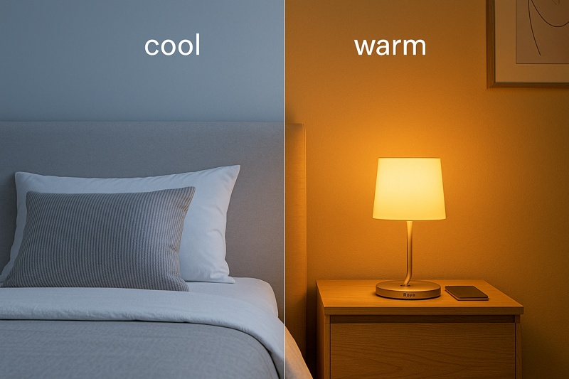 alt text: A side-by-side comparison image: one side shows a room with harsh, blue-white light, and the other shows the same room with a warm, cozy amber glow from a Roye lamp.