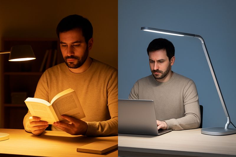 A split-screen image showing the same person at the same desk. On the left, the desk is bathed in a cozy, warm yellow light from a lamp, and the person is casually reading a book. On the right, the desk is lit by a crisp, cool white light, and the person is intensely focused on a laptop.