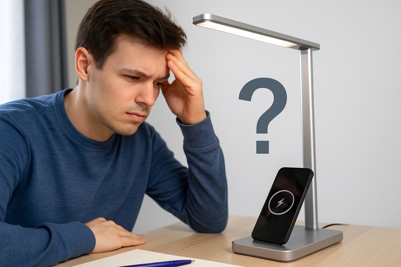 A concerned person looking at their smartphone which is placed on a wireless charging lamp, with a question mark graphic hovering above it.