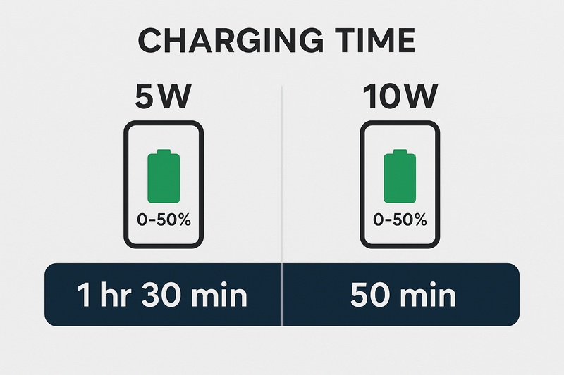 alt text: An infographic comparing the charging times of a smartphone from 0 to 50% using a 5W charger versus a 10W charger, showing a significant time difference.