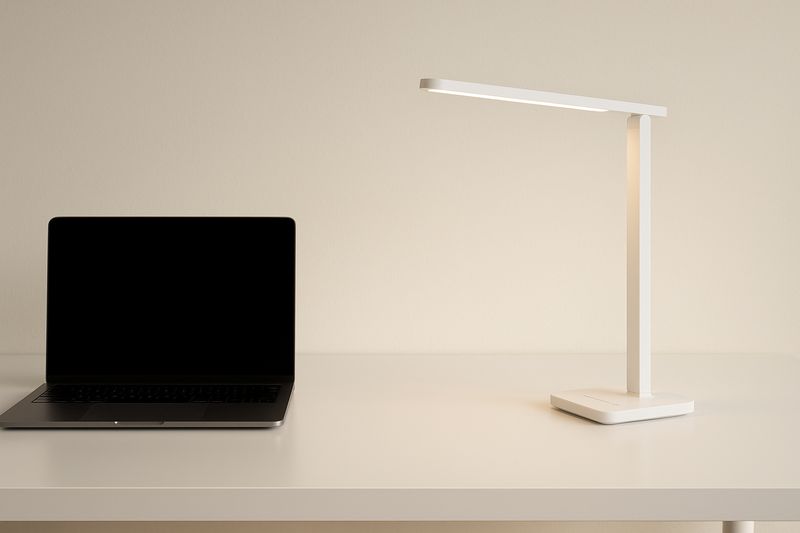 alt text: A hyper-minimalist white desk featuring only a laptop and a sleek, truly wireless (battery-powered) Roye lamp.