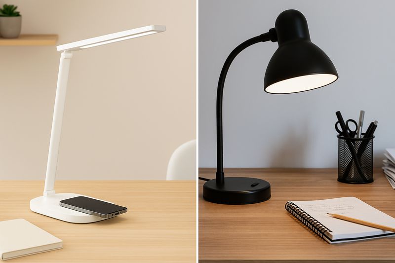 A sleek wireless charging LED desk lamp on a clean desk next to a smartphone, contrasted with a traditional wired lamp on a cluttered desk