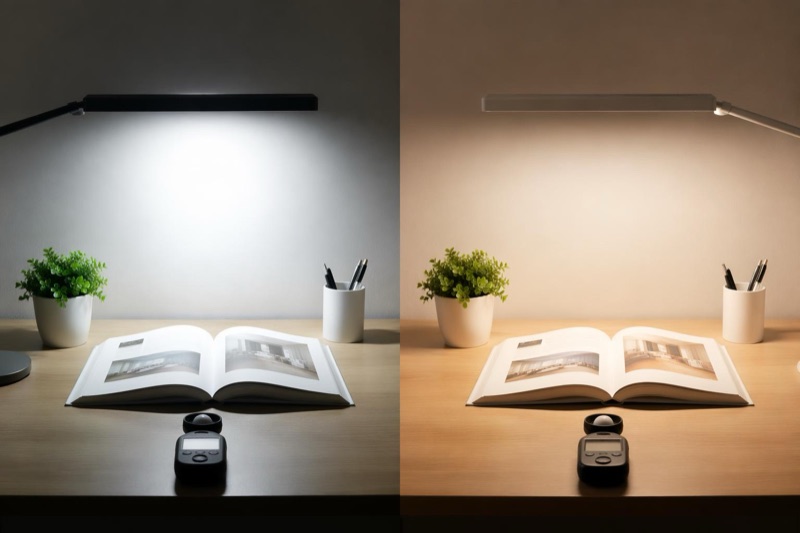 Comparison of glare and even illumination in LED desk lamps