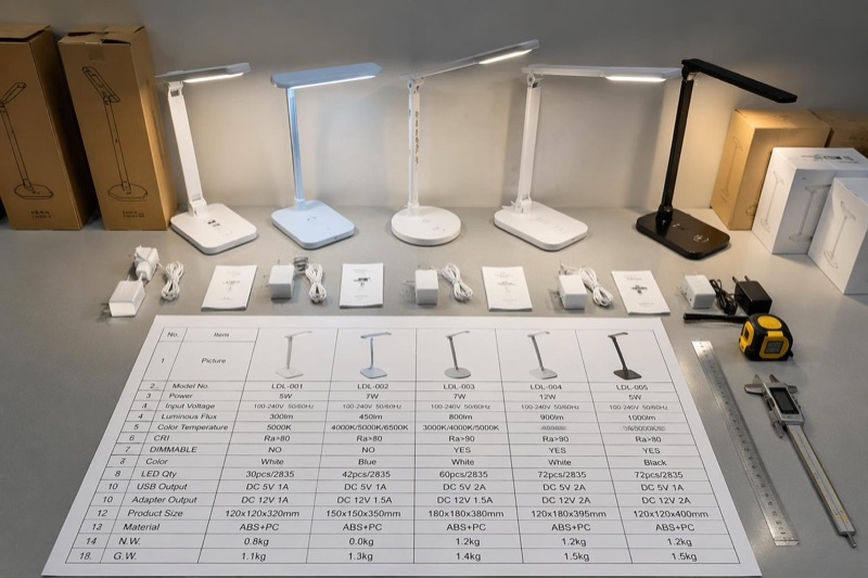 Desk lamp specification comparison sheet with samples and accessories