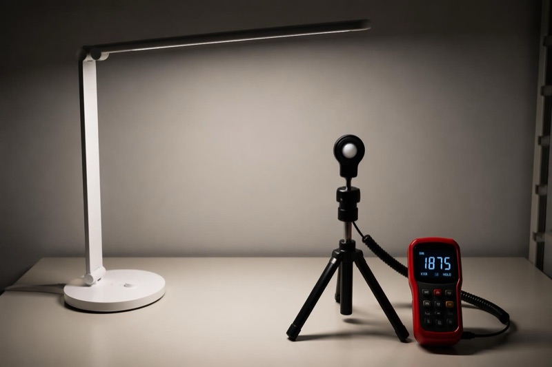 LED desk lamp optical performance testing with lux meter
