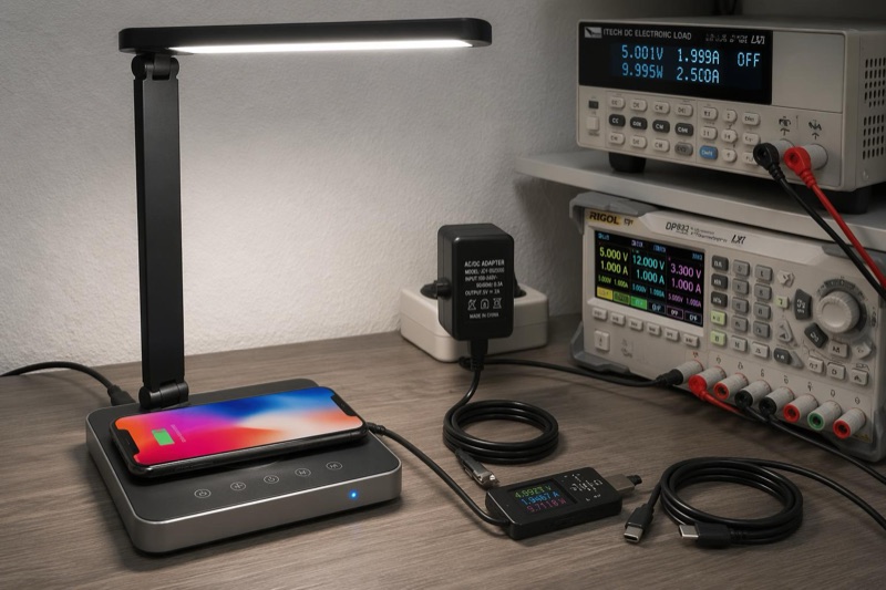 Wireless charging and power specifications for an LED desk lamp