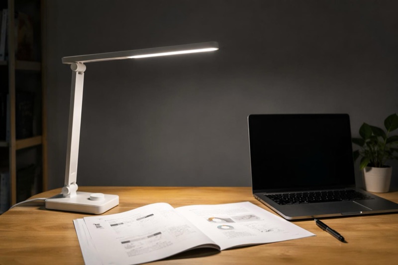 LED desk lamp showing even illumination on a work surface