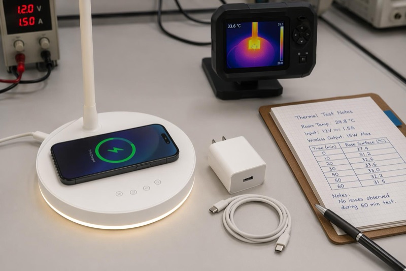 Wireless charging desk lamp base with phone and power accessories