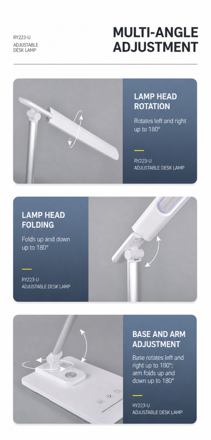 RY223-U multi-angle lamp head and base adjustment diagram in English