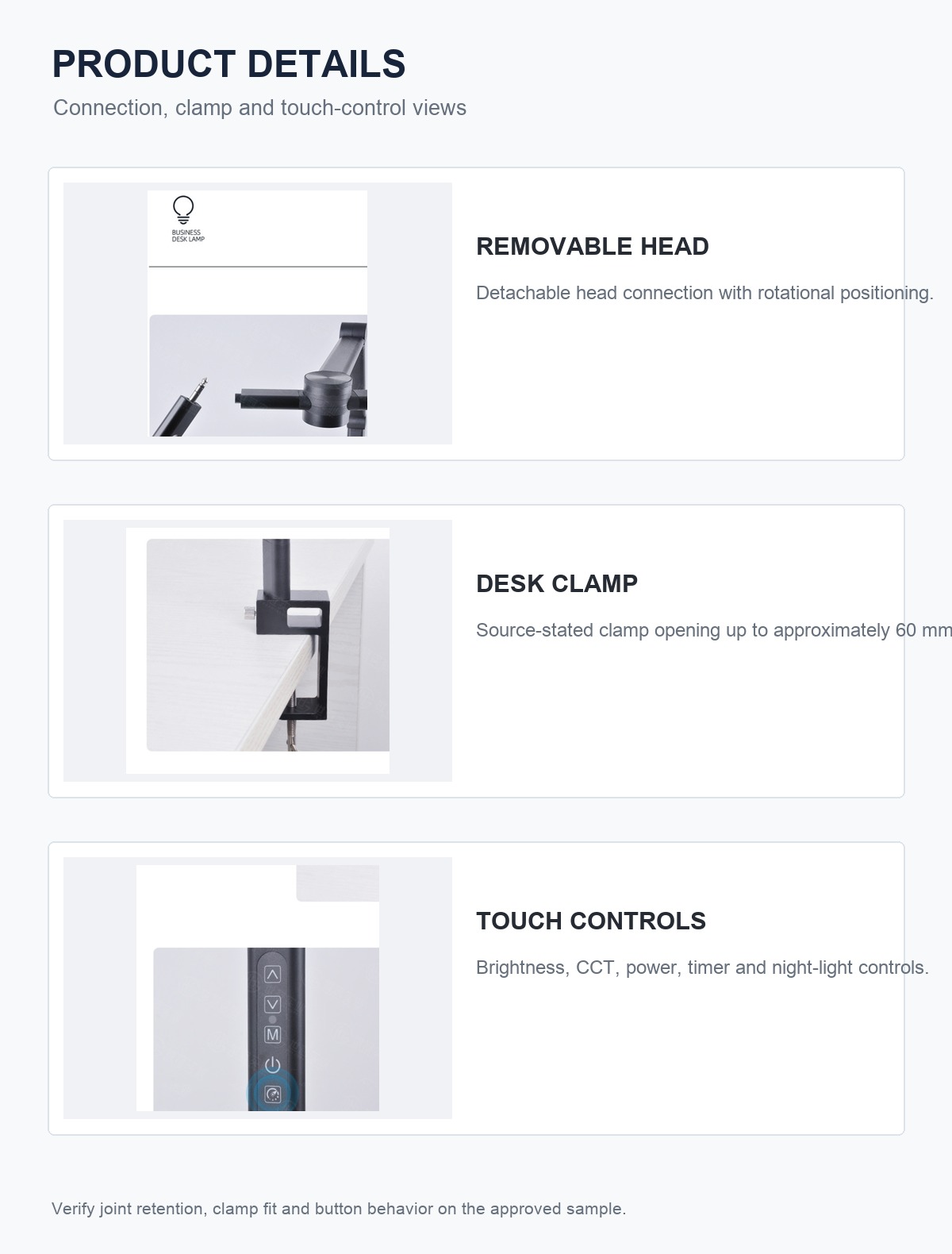 RY229-C removable head clamp and touch control details in English