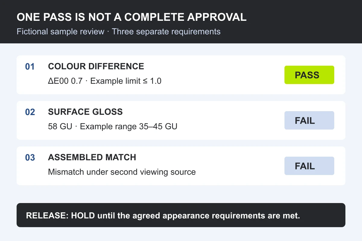 Three separate checks: colour passes, gloss fails, and assembled visual match fails