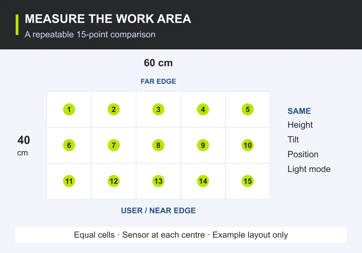 A 60 by 40 centimetre task area divided into fifteen equal cells with measurements at each cell centre