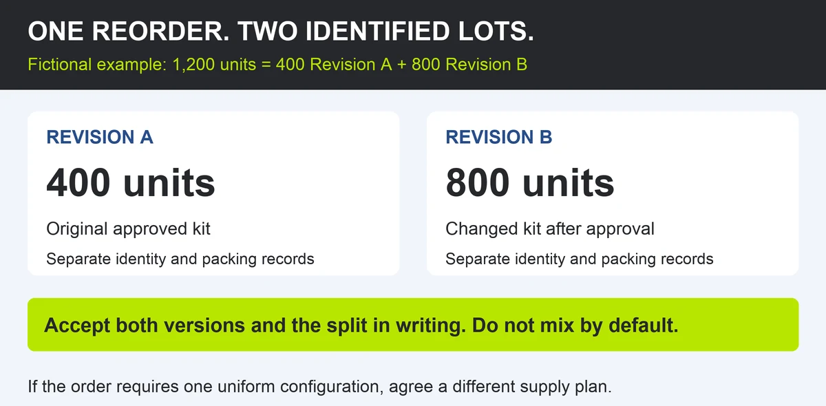 Fictional 1,200-unit reorder split into an identified 400-unit Revision A lot and an 800-unit Revision B lot, with approval and separate packing records required