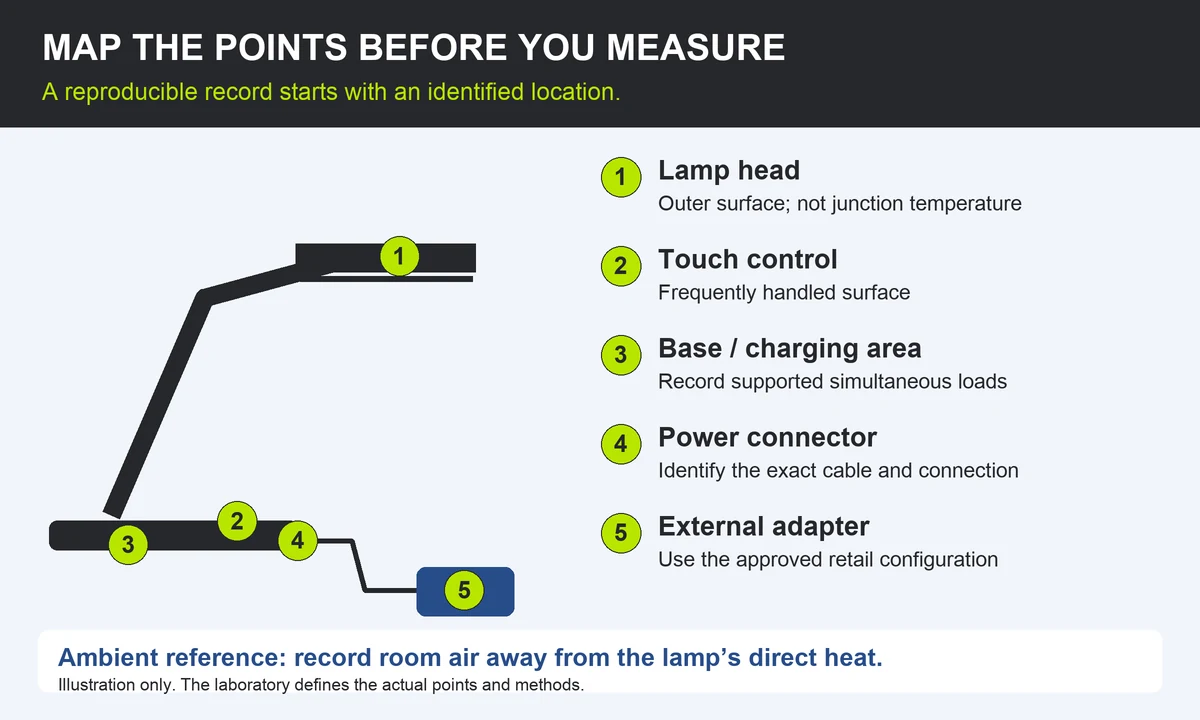 Illustrative desk-lamp thermal measurement map identifying the head, touch control, base, power connector, adapter and ambient reference
