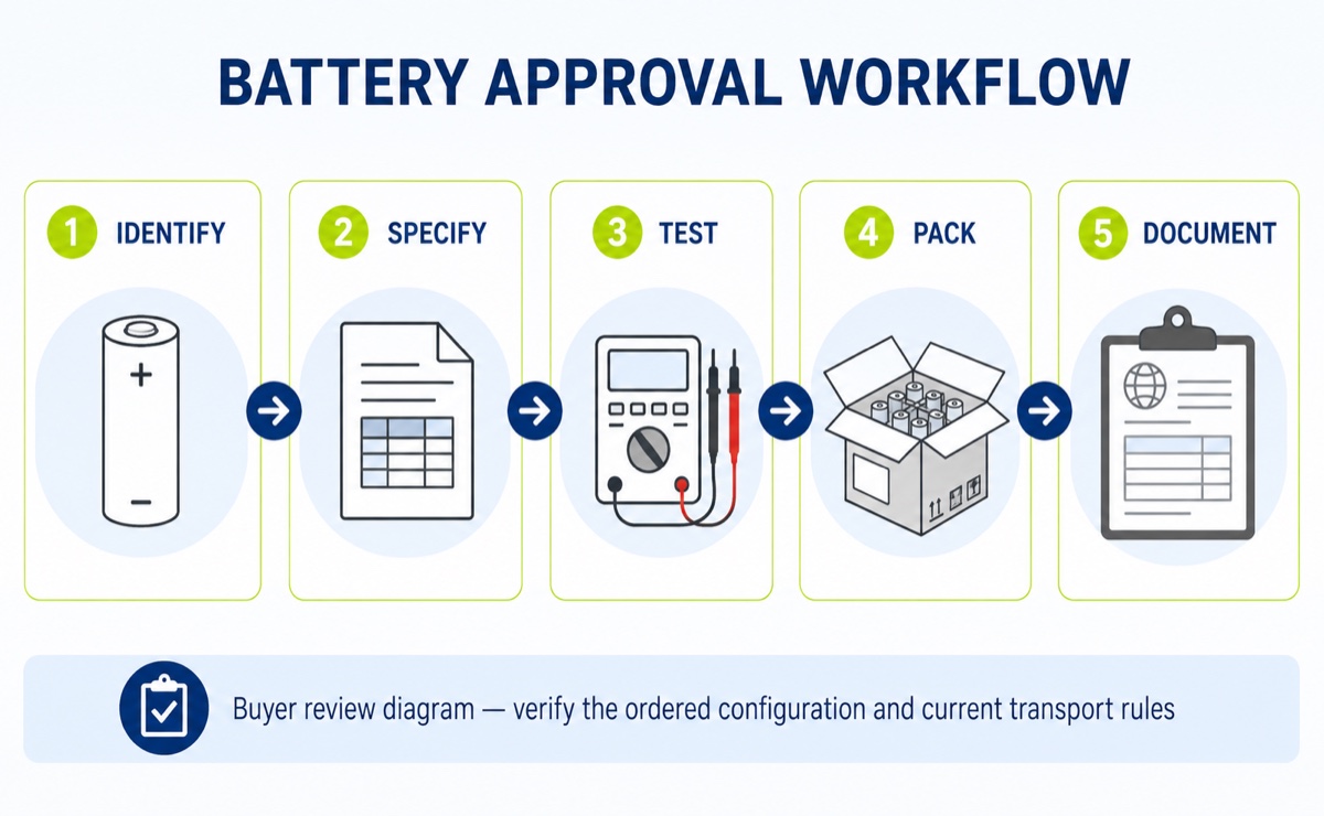 Five-stage buyer workflow for rechargeable desk lamp battery approval: identify, specify, test, pack, and document.